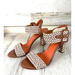 Via Spiga Womens 8 Tan White Leather Basket Weave Heeled Sandals Italy
